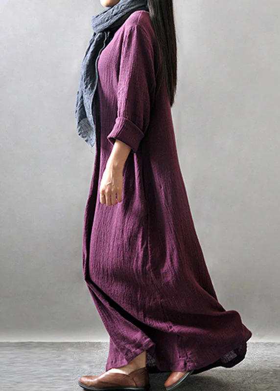Purple Pockets Maxi Dresses Long Sleeve - Image 4