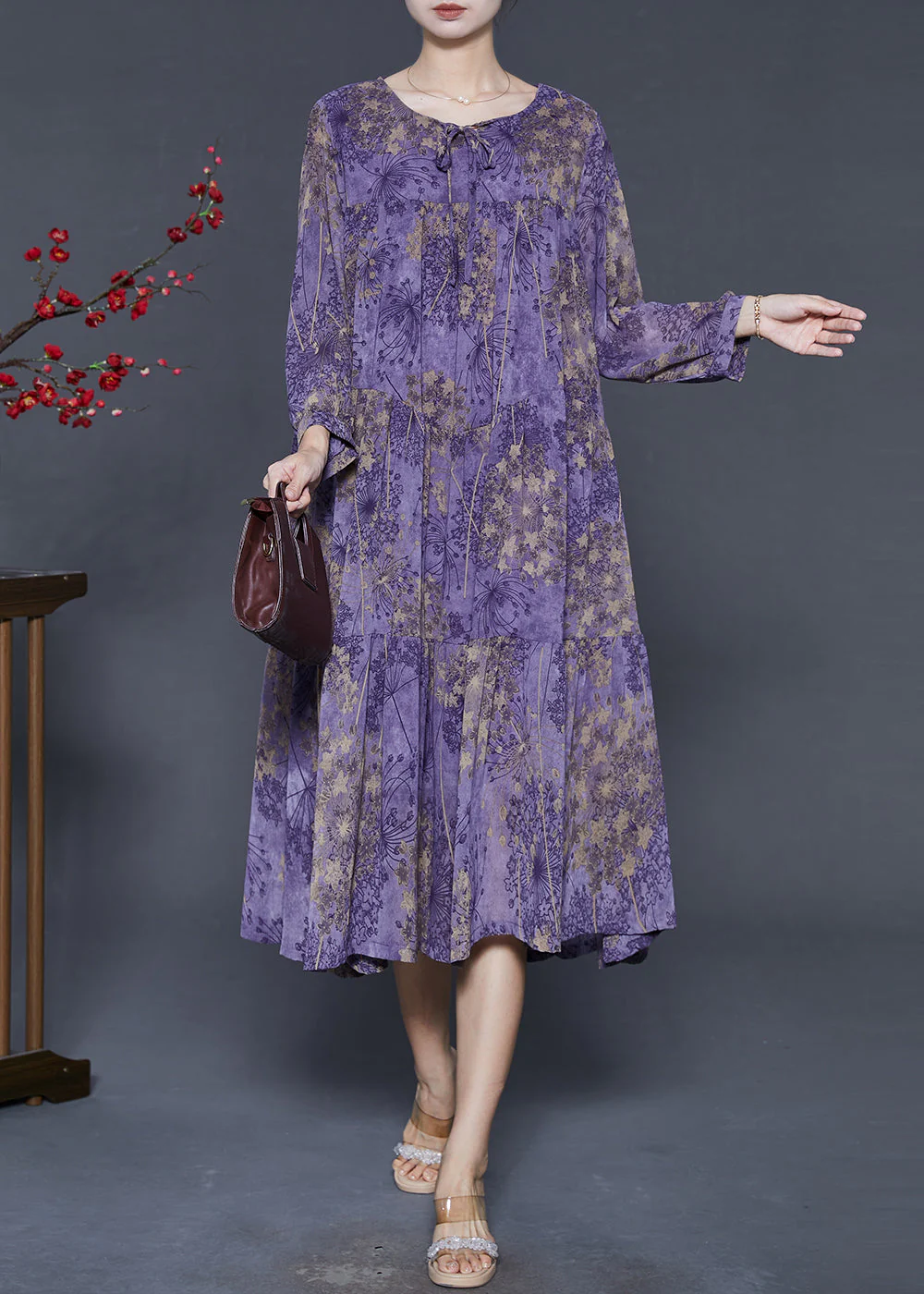 Purple Print Chiffon Dresses Oversized Exra Large Hem Spring - Image 2