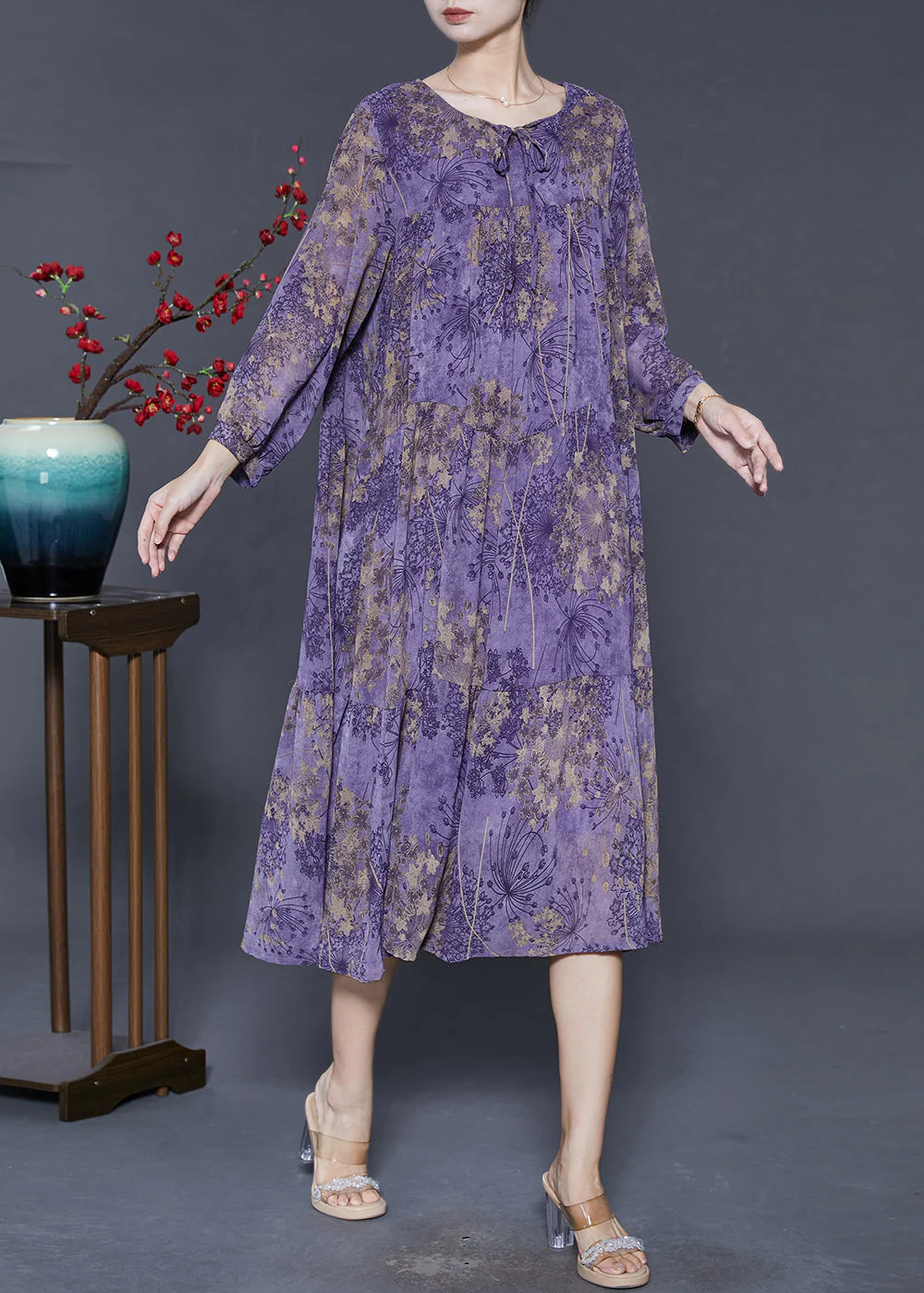 Purple Print Chiffon Dresses Oversized Exra Large Hem Spring - Image 3