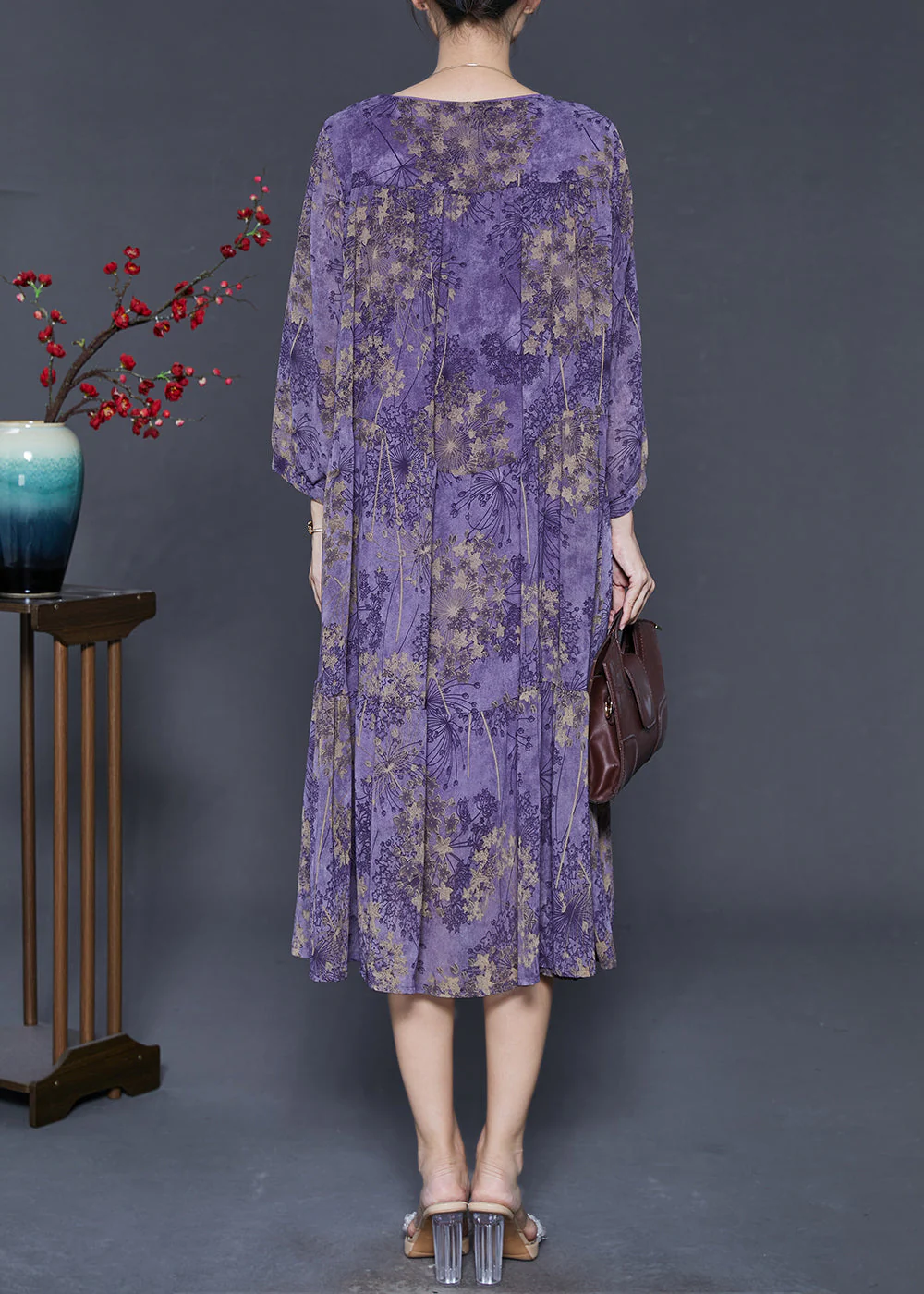 Purple Print Chiffon Dresses Oversized Exra Large Hem Spring - Image 4