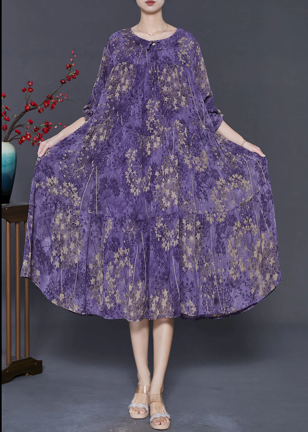 Purple Print Chiffon Maxi Dresses Oversized Spring - Image 3