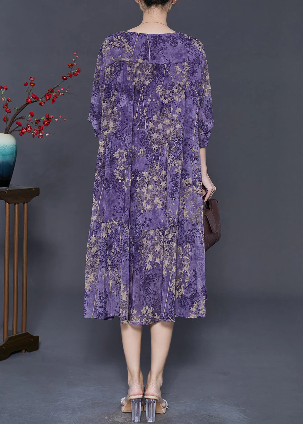 Purple Print Chiffon Maxi Dresses Oversized Spring - Image 4