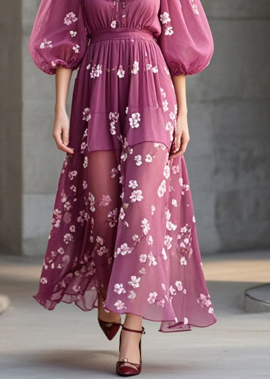 Purple Print Chiffon Robe Dresses Ruffled Lantern Sleeve - Image 4