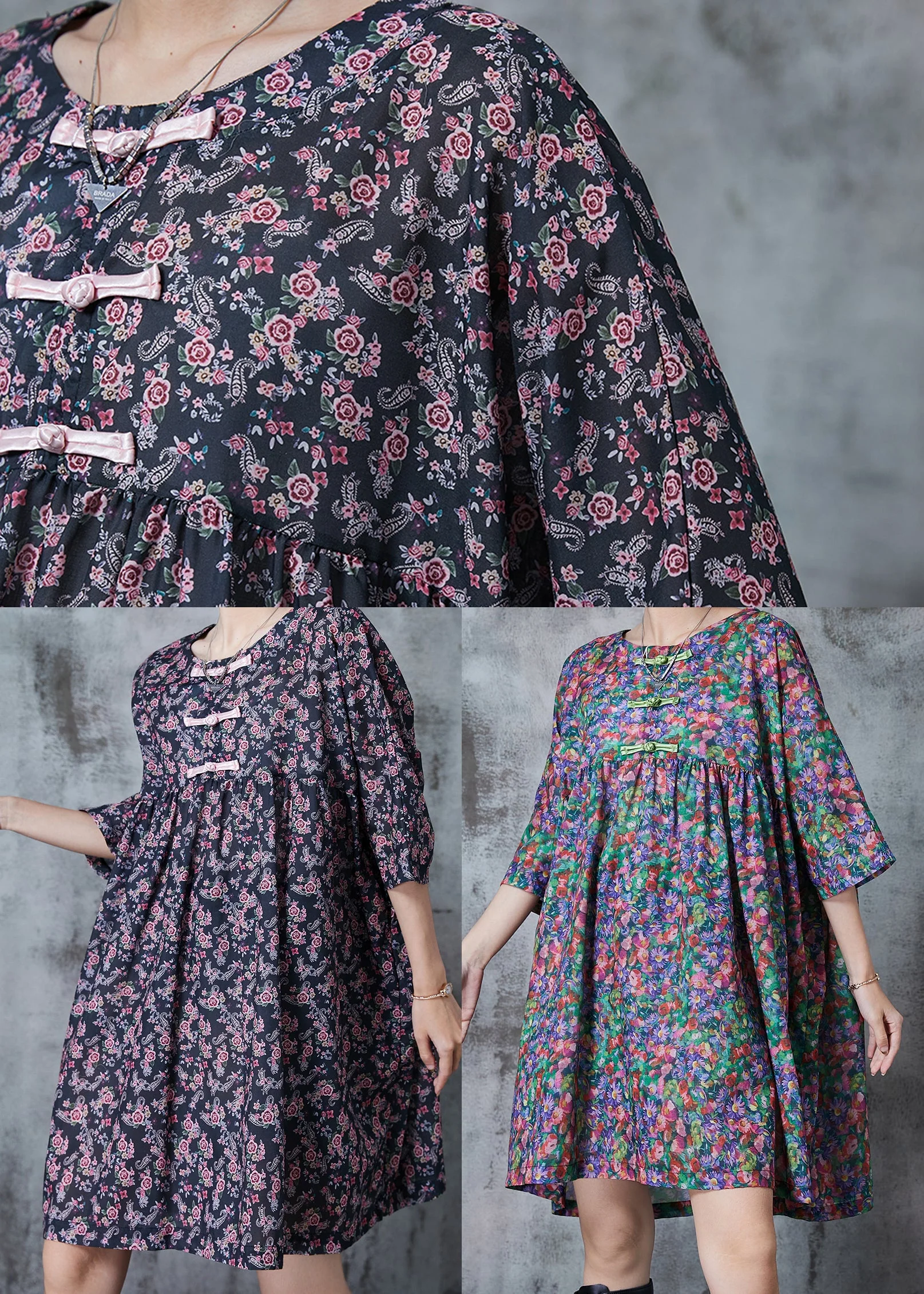 Purple Print Cotton Day Dress Chinese Button Summer - Image 5