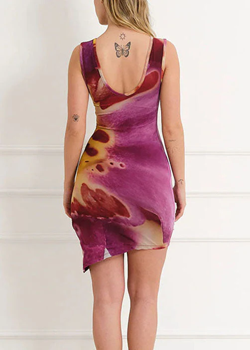 Purple Print High Waist Summer Dresses O Neck - Image 4