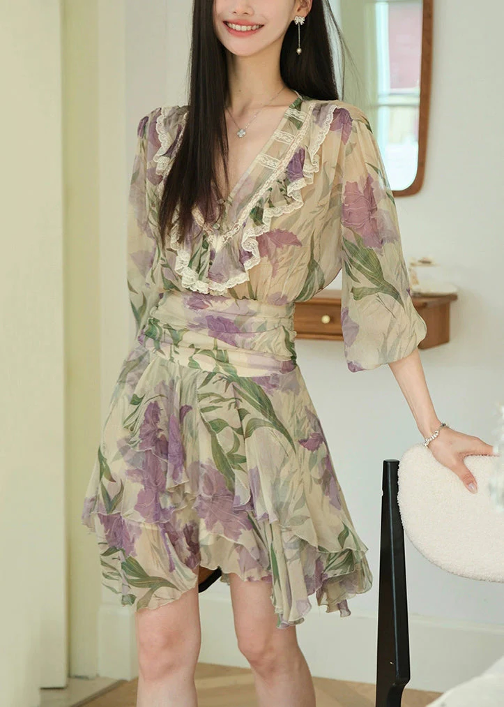 Purple Print Lace High Waist Chiffon Dresses Ruffled - Image 4