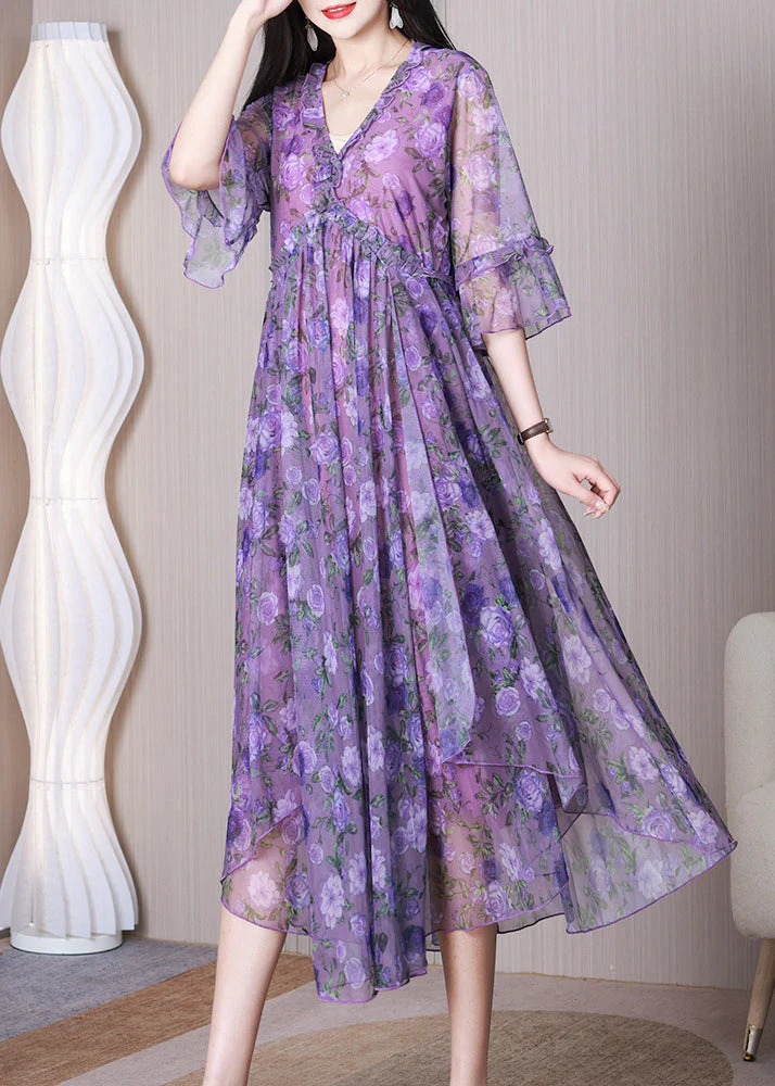 Purple Print Lace Up Chiffon Long Dresses V Neck Summer - Image 3