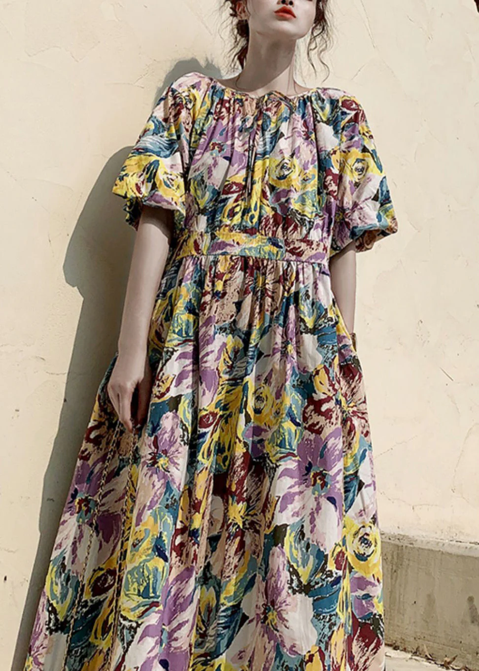 Purple Print Lace Up Patchwork Cotton Dresses Wrinkled Puff Sleeve - Image 2