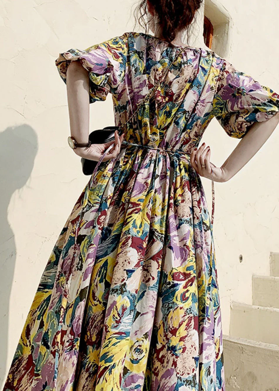 Purple Print Lace Up Patchwork Cotton Dresses Wrinkled Puff Sleeve - Image 4
