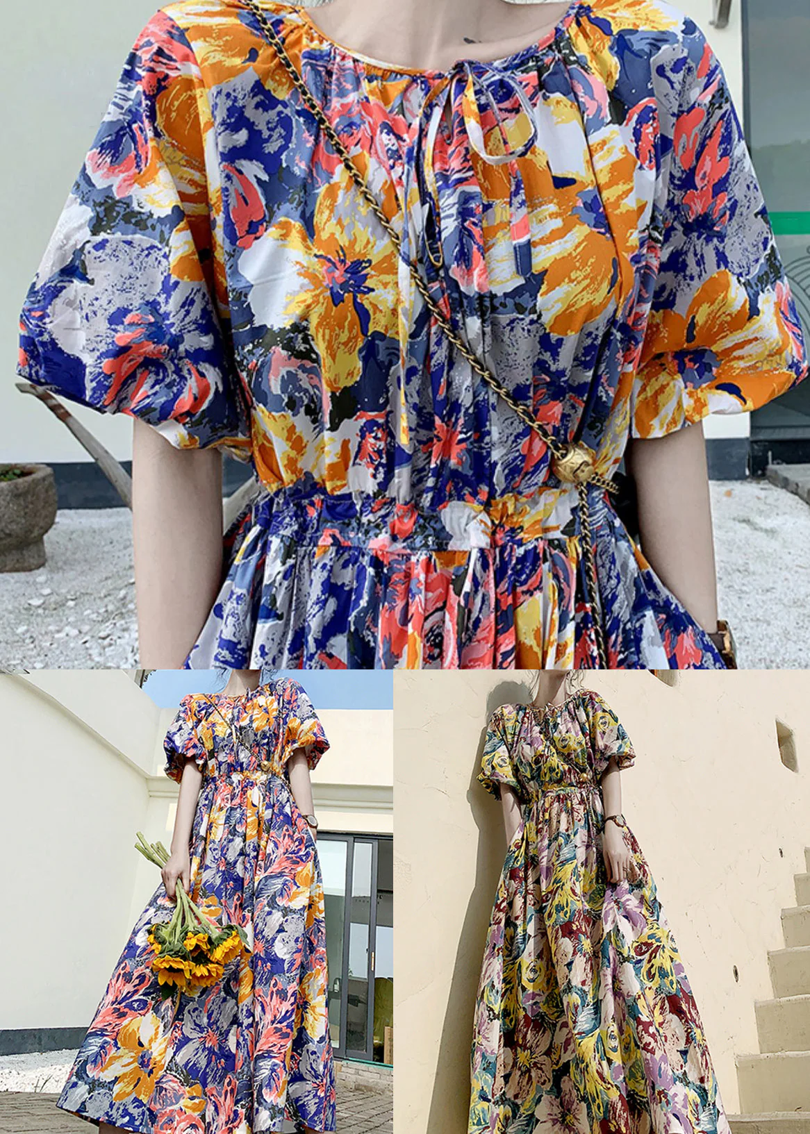 Purple Print Lace Up Patchwork Cotton Dresses Wrinkled Puff Sleeve - Image 5