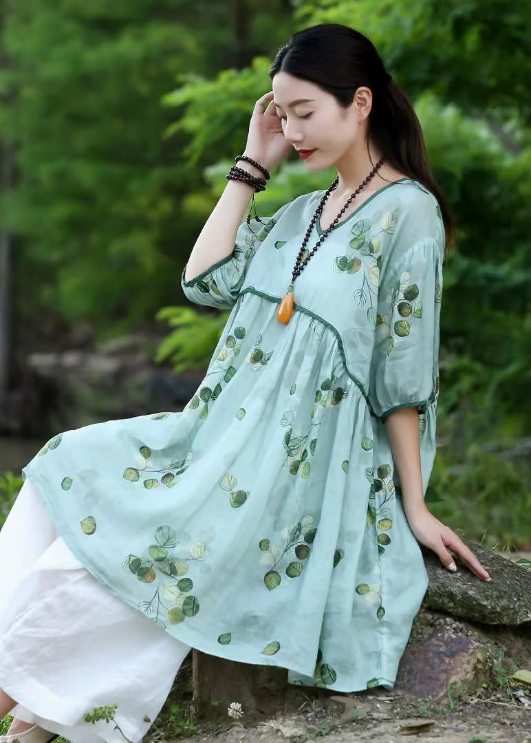 Purple Print Patchwork Linen Mid Dress V Neck Wrinkled Summer - Image 2