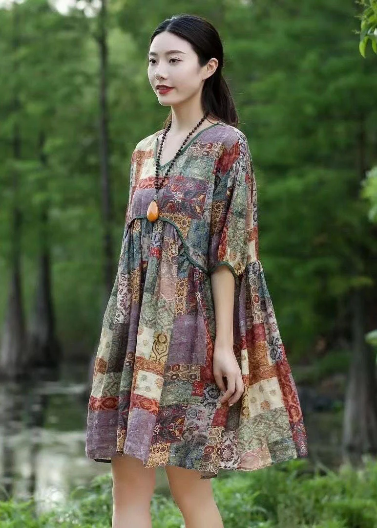 Purple Print Patchwork Linen Mid Dress V Neck Wrinkled Summer - Image 3