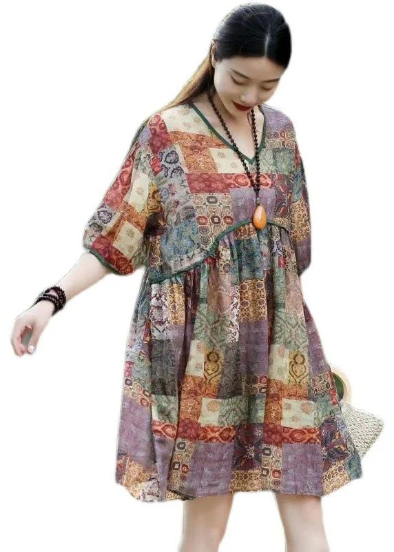 Purple Print Patchwork Linen Mid Dress V Neck Wrinkled Summer - Image 5