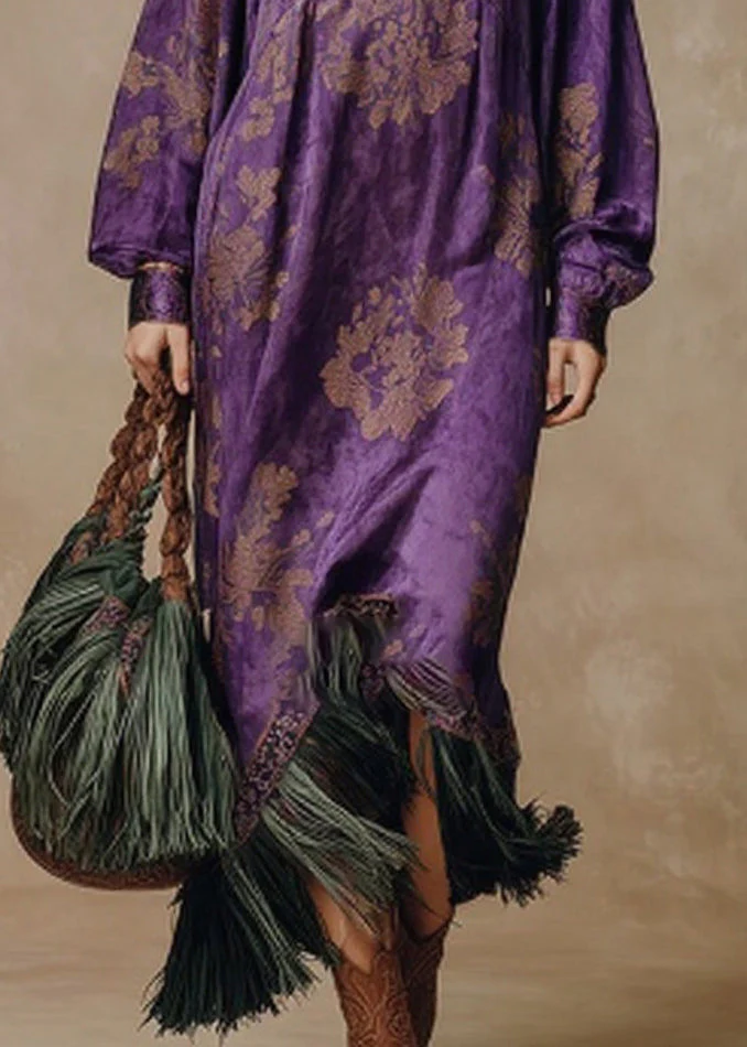 Purple Print Tasseled Patchwork Silk Long Dress O Neck Spring - Image 4
