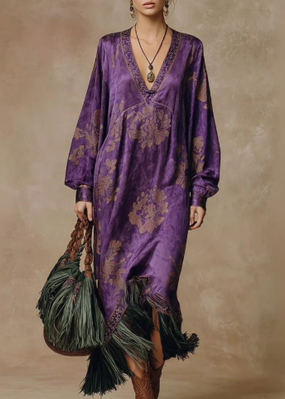 Purple Print Tasseled Patchwork Silk Long Dress O Neck Spring - Image 5