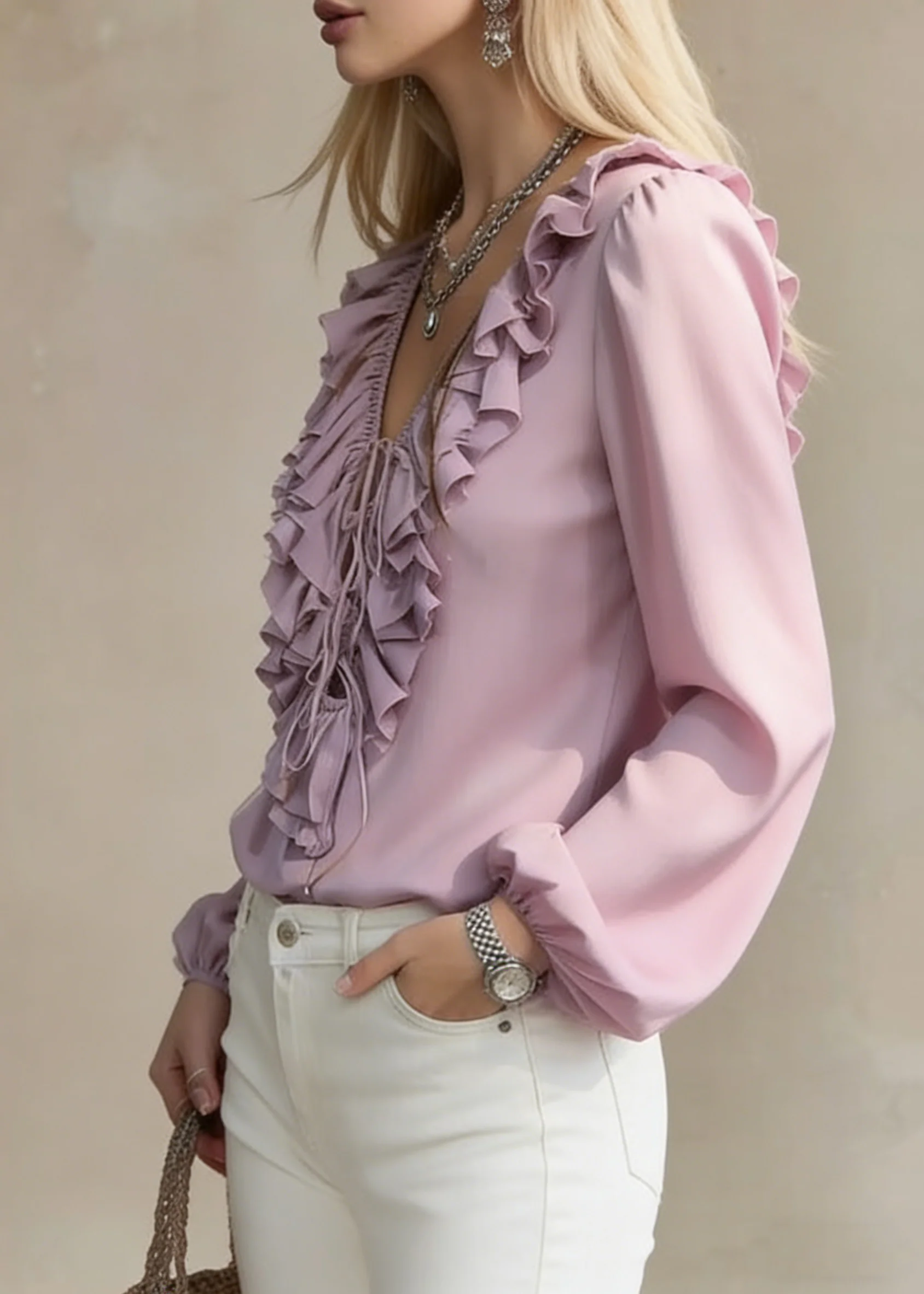 Purple Ruffled Lace Up Chiffon Blouses V Neck Lantern Sleeve - Image 2