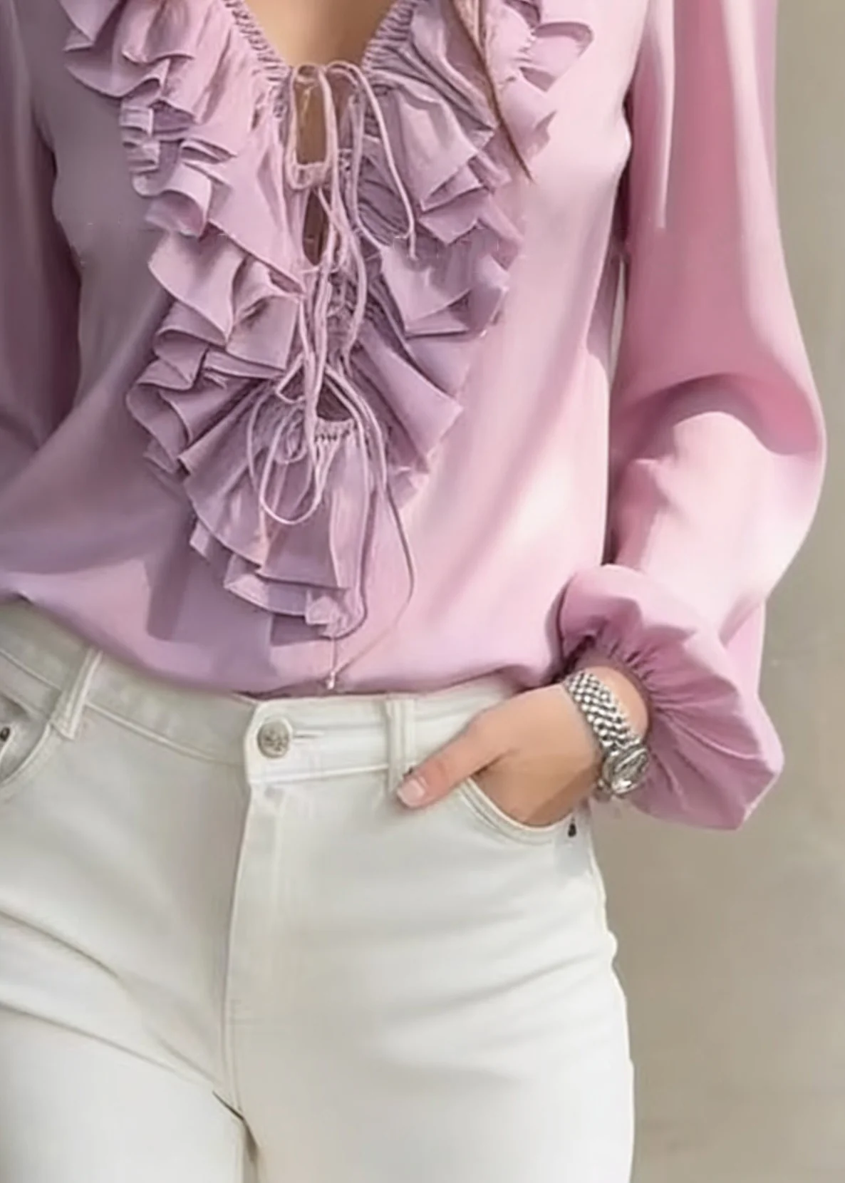 Purple Ruffled Lace Up Chiffon Blouses V Neck Lantern Sleeve - Image 5