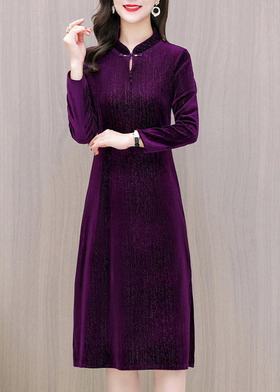 Purple Side Open Silk Velour Maxi Dress Fall - Image 3