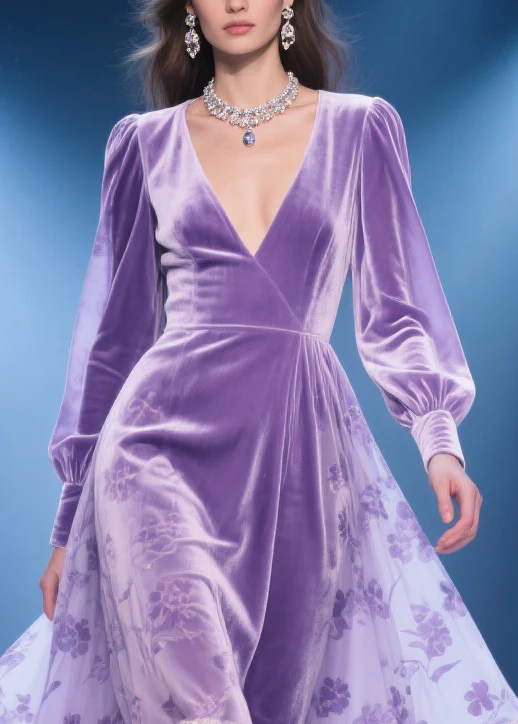 Purple Silk Velvet Lace Floral Print High Waist Party Dress V Neck Spring - Image 2