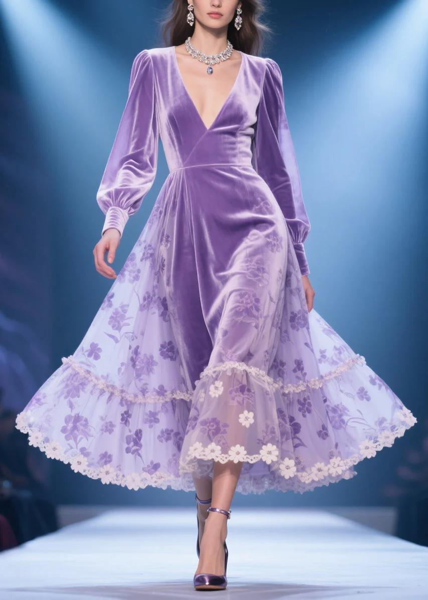 Purple Silk Velvet Lace Floral Print High Waist Party Dress V Neck Spring - Image 3