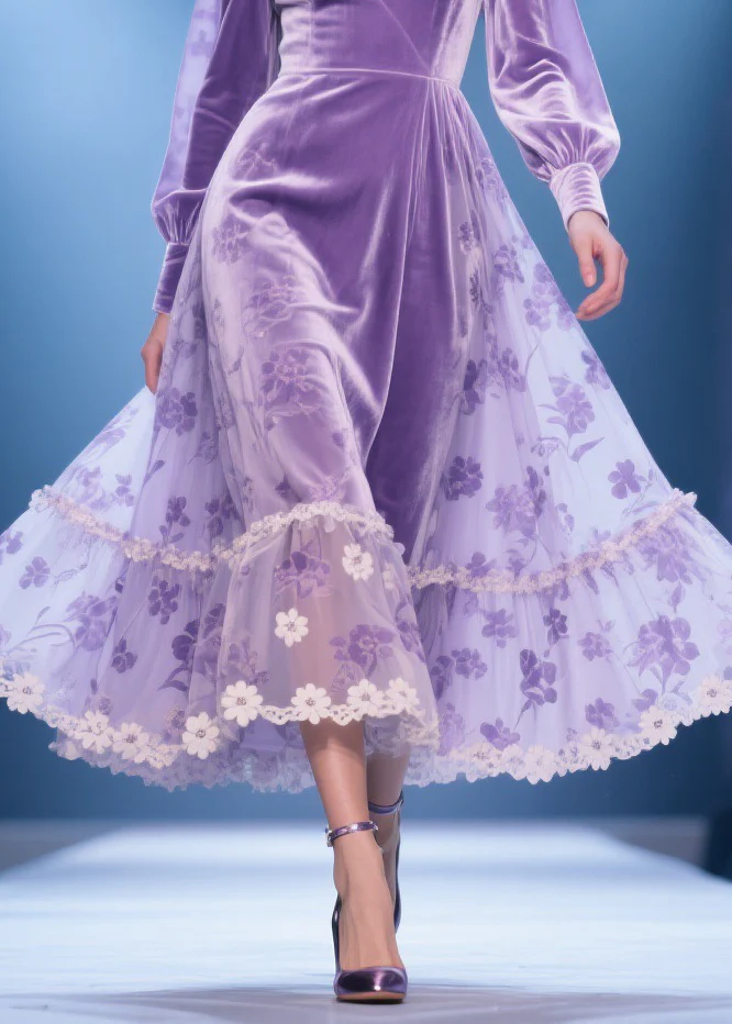 Purple Silk Velvet Lace Floral Print High Waist Party Dress V Neck Spring - Image 4