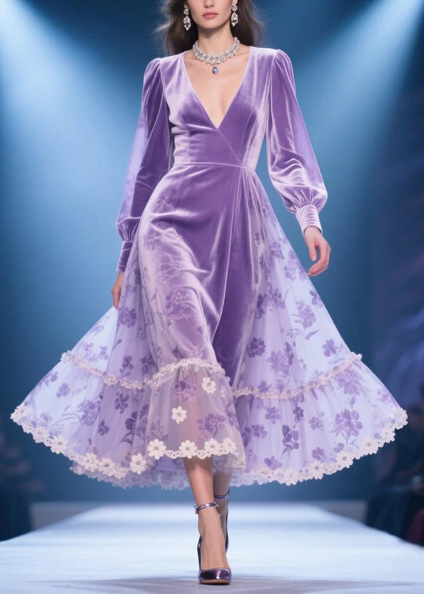 Purple Silk Velvet Lace Floral Print High Waist Party Dress V Neck Spring - Image 5