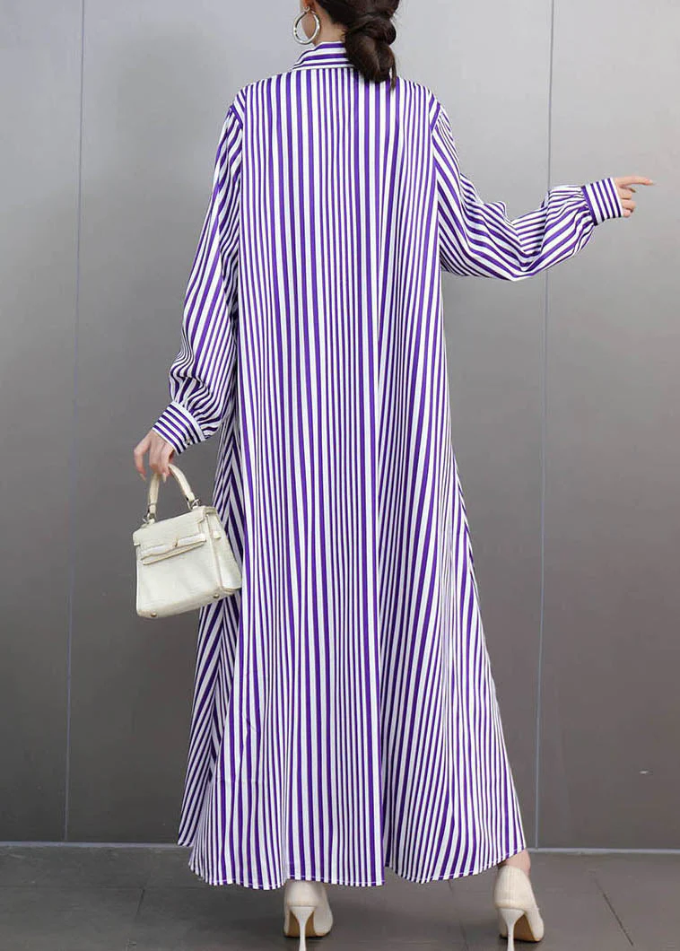 Purple Striped Button Party Long Dress Fall - Image 4
