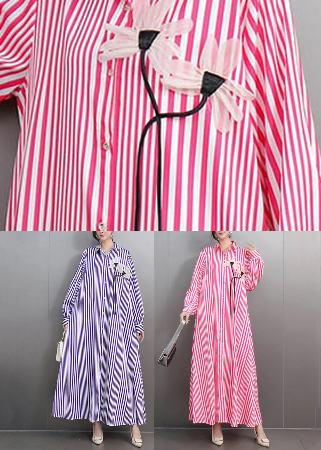 Purple Striped Button Party Long Dress Fall - Image 5
