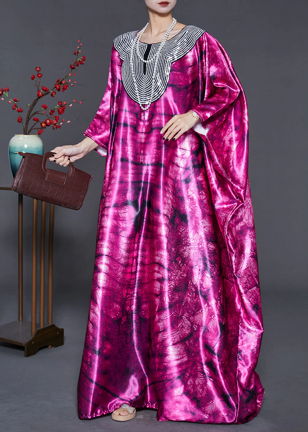 Purple Tie Dye Silk Maxi Dress Sequins Oversized Summer - Image 3