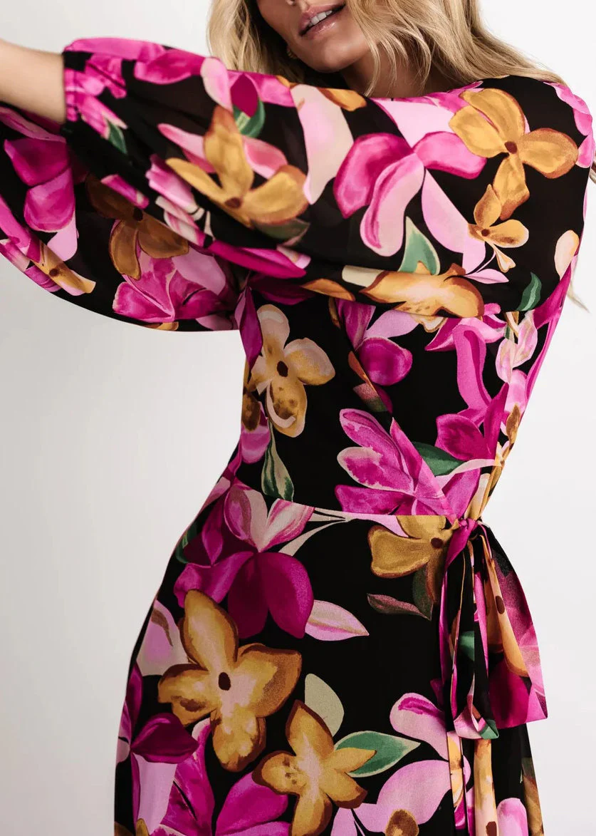 Purple Tie Waist Cotton Long Dress V Neck Long Sleeve - Image 4