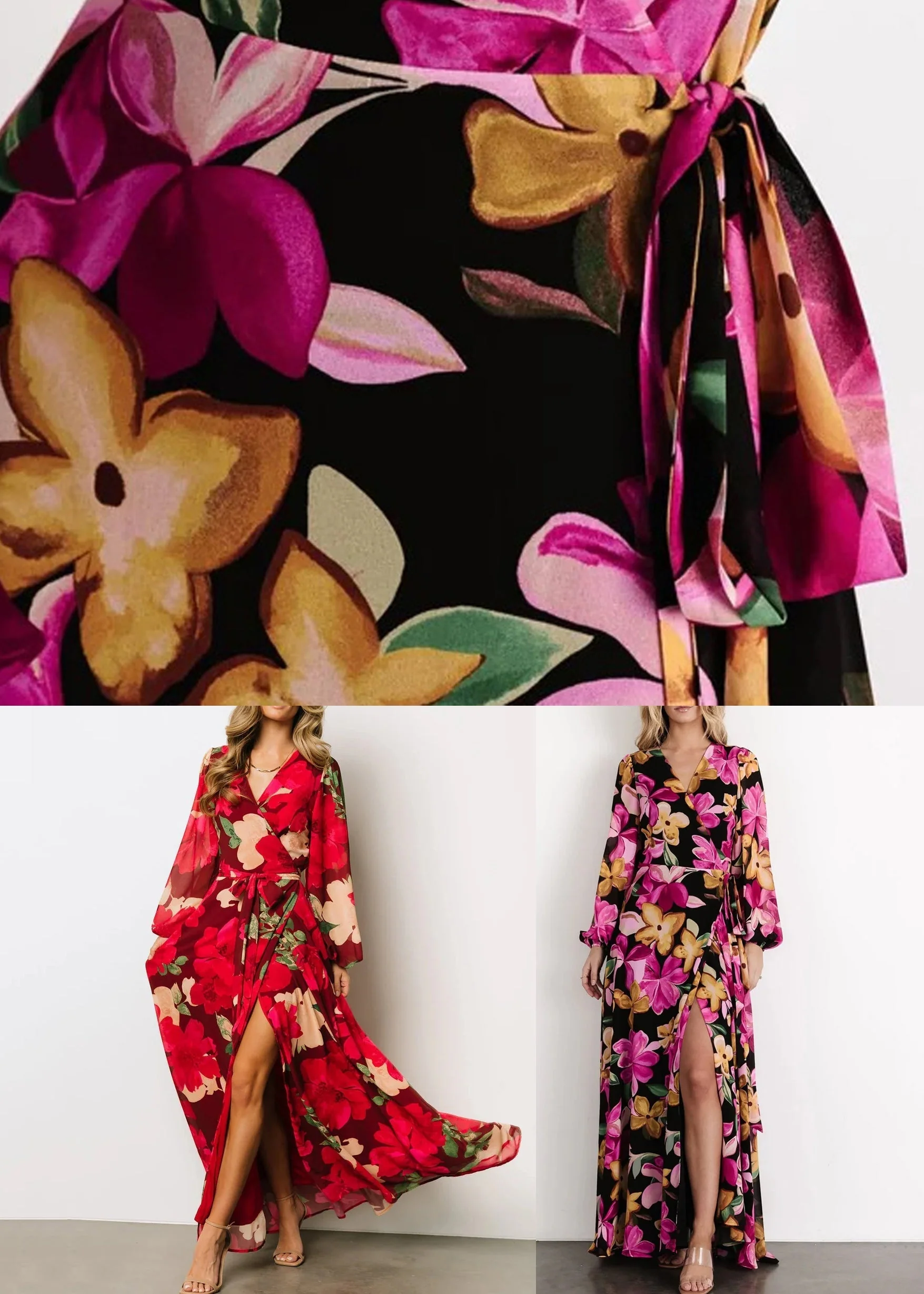 Purple Tie Waist Cotton Long Dress V Neck Long Sleeve - Image 5