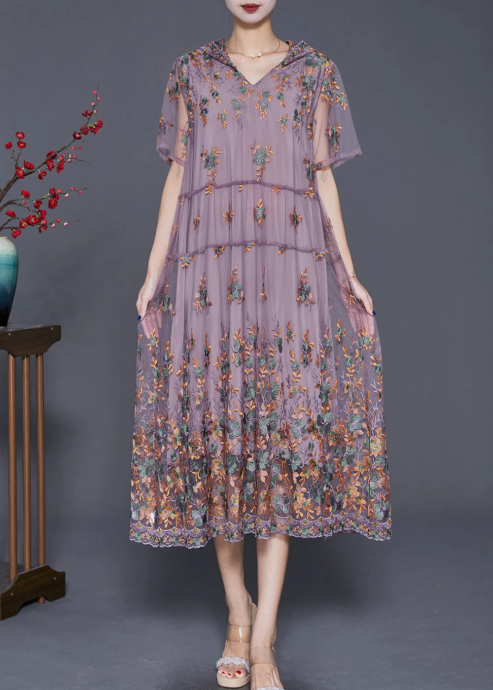 Purple Tulle Long Dress Hooded Embroideried Summer
