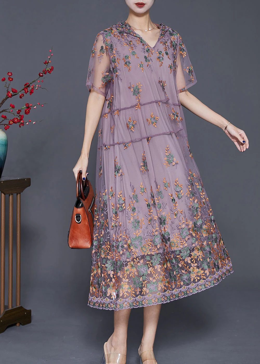 Purple Tulle Long Dress Hooded Embroideried Summer - Image 2