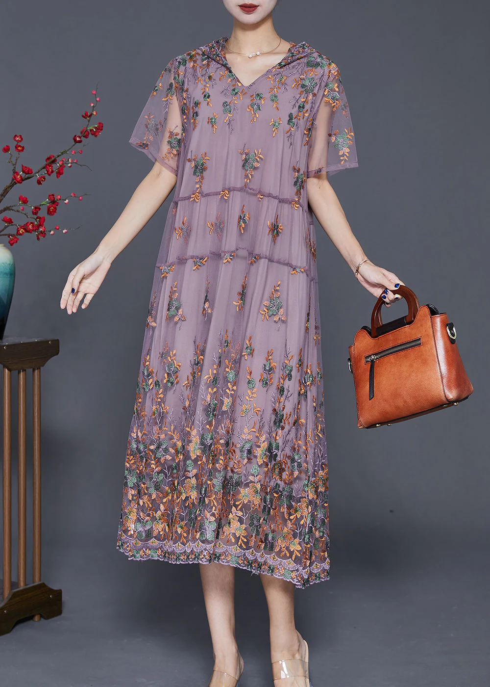 Purple Tulle Long Dress Hooded Embroideried Summer - Image 3
