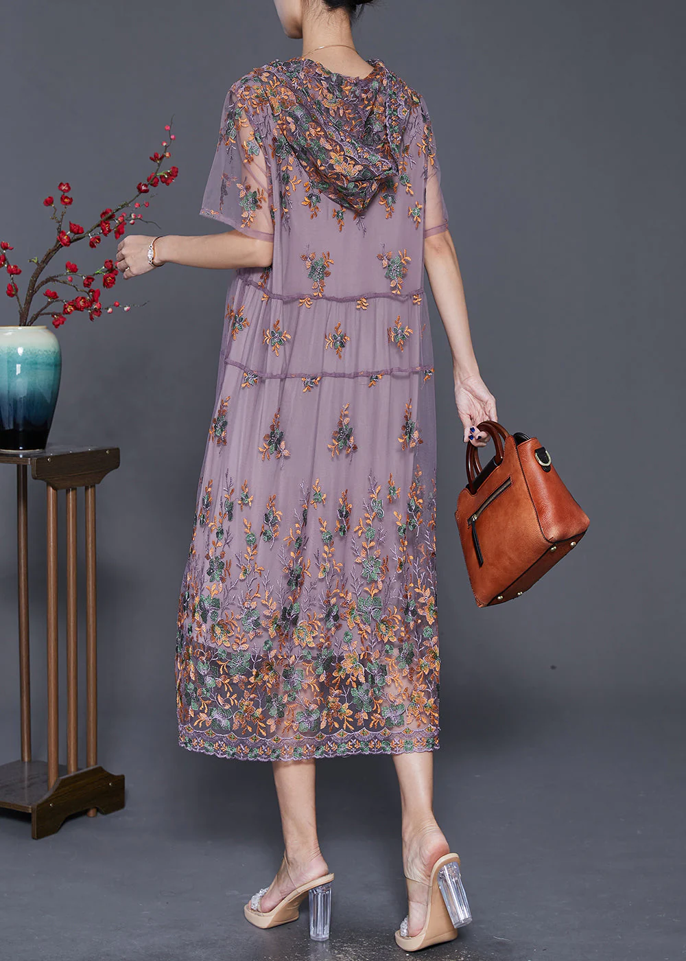 Purple Tulle Long Dress Hooded Embroideried Summer - Image 4