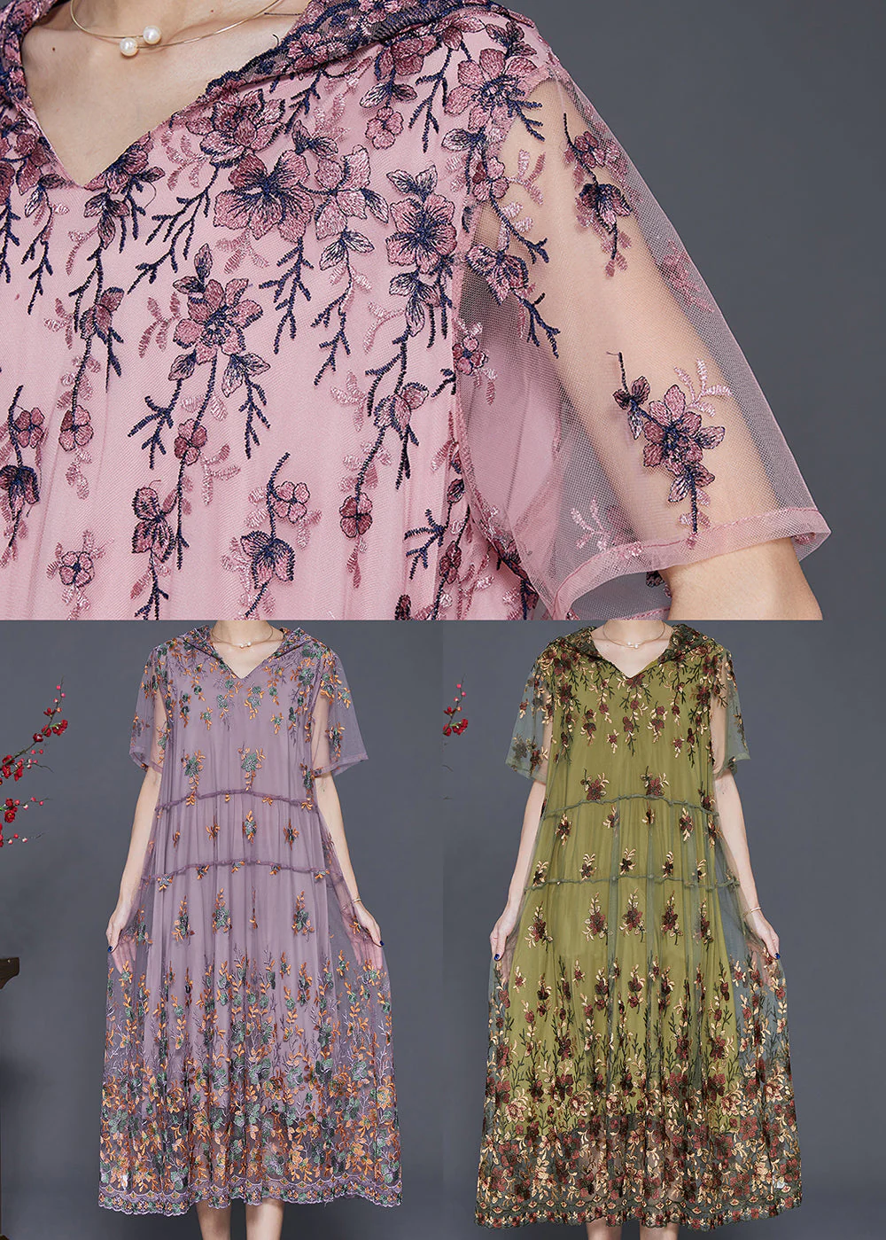 Purple Tulle Long Dress Hooded Embroideried Summer - Image 5