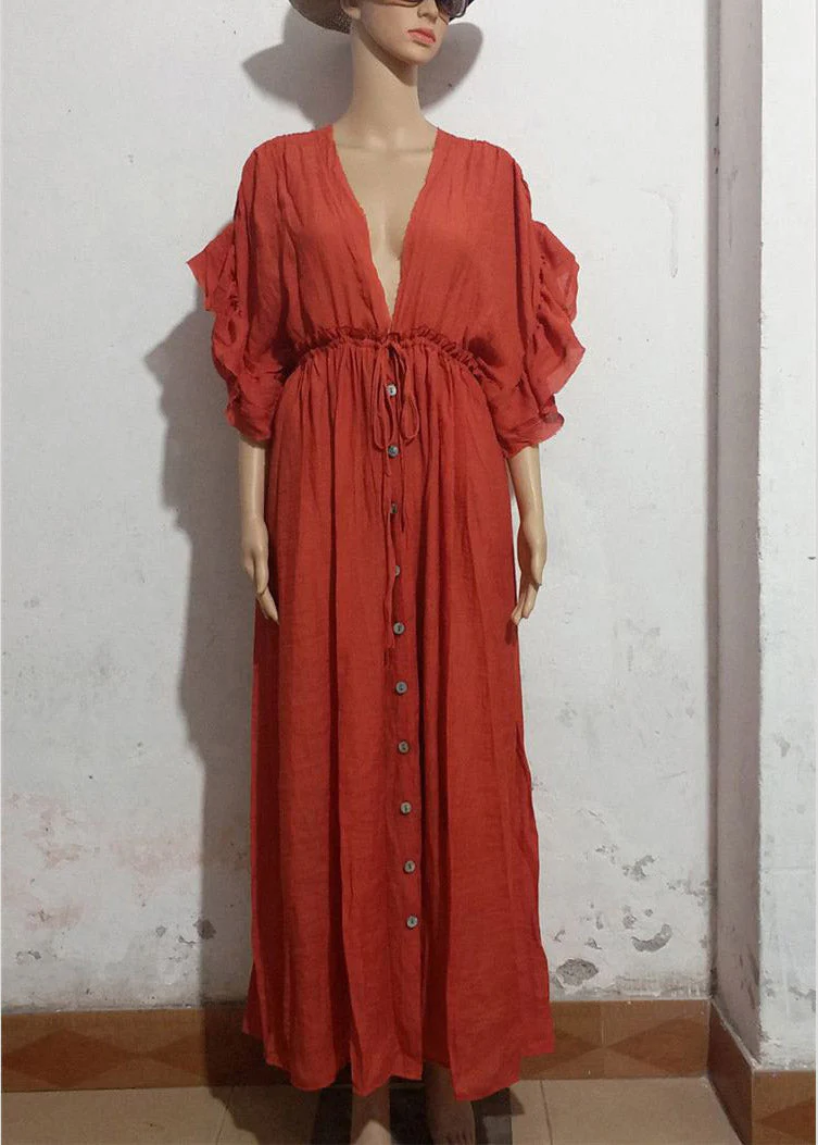 Purple V Neck Button Maxi Dresses Short Sleeve - Image 10
