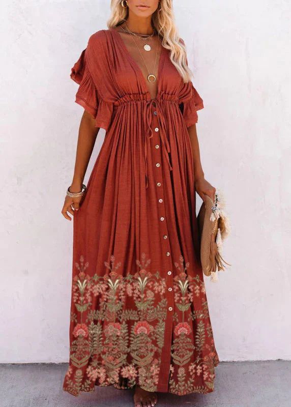 Purple V Neck Button Maxi Dresses Short Sleeve - Image 2