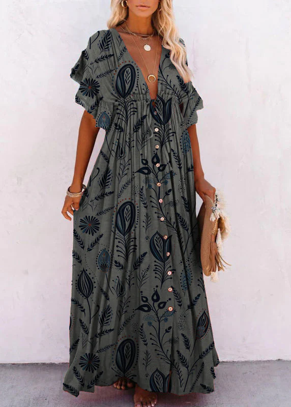 Purple V Neck Button Maxi Dresses Short Sleeve - Image 5