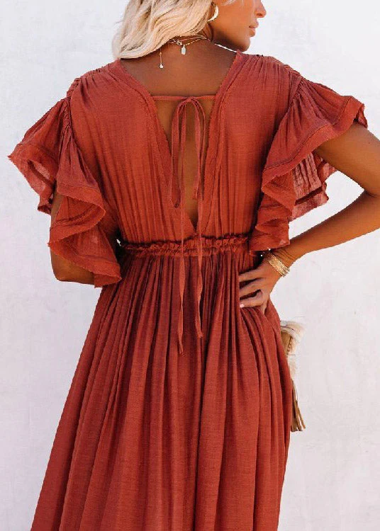 Purple V Neck Button Maxi Dresses Short Sleeve - Image 9