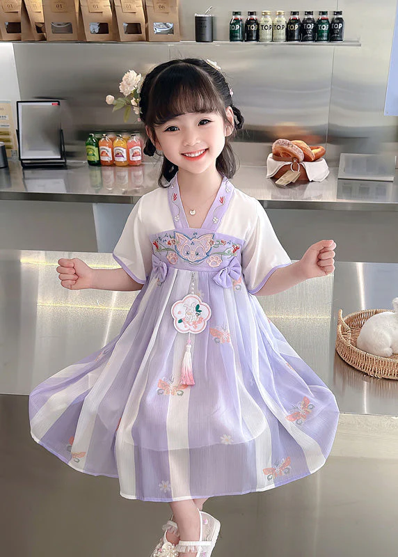 Purple V Neck Tassel Chiffon Girls Long Dresses Short Sleeve - Image 2