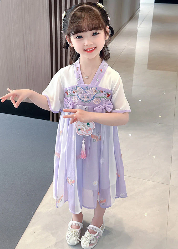 Purple V Neck Tassel Chiffon Girls Long Dresses Short Sleeve - Image 3