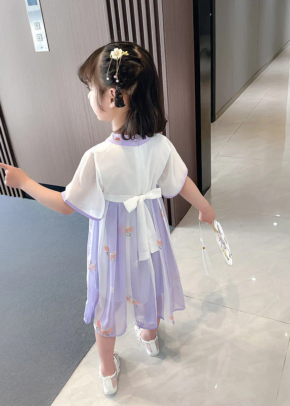 Purple V Neck Tassel Chiffon Girls Long Dresses Short Sleeve - Image 4
