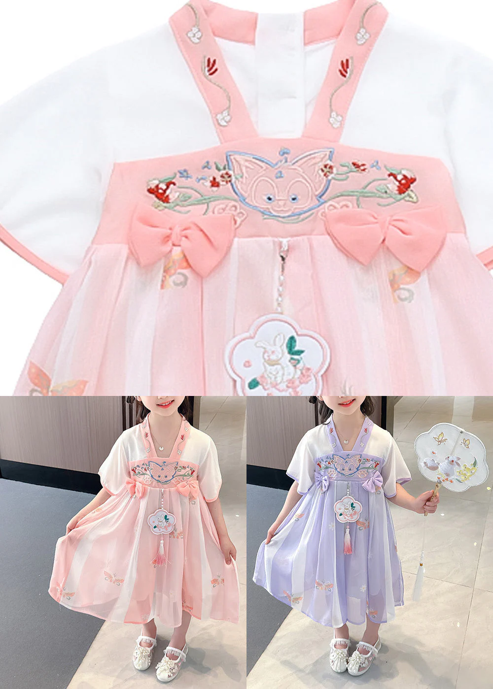 Purple V Neck Tassel Chiffon Girls Long Dresses Short Sleeve - Image 5