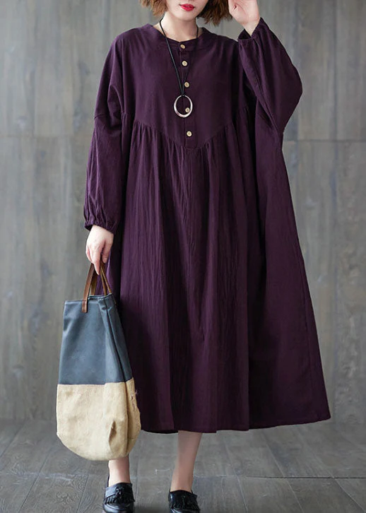 Purple wrinkled Cotton Casual Dresses Long Sleeve - Image 2