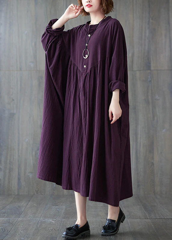 Purple wrinkled Cotton Casual Dresses Long Sleeve - Image 3