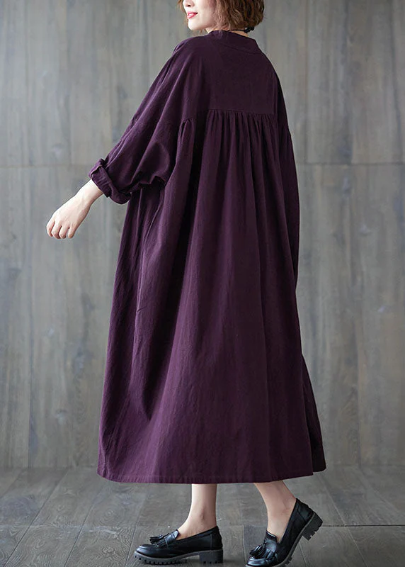 Purple wrinkled Cotton Casual Dresses Long Sleeve - Image 4