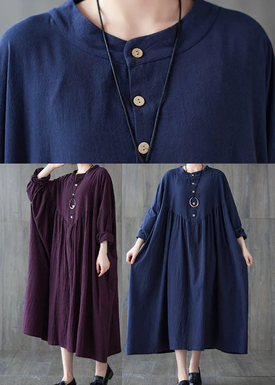 Purple wrinkled Cotton Casual Dresses Long Sleeve - Image 5