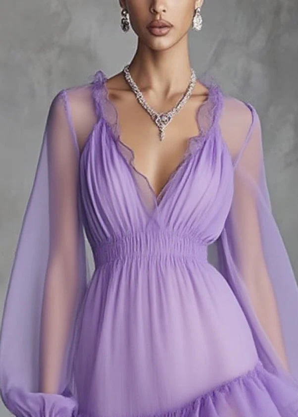 Purple Wrinkled High Waist Tulle Mid Dress V Neck Spring - Image 2
