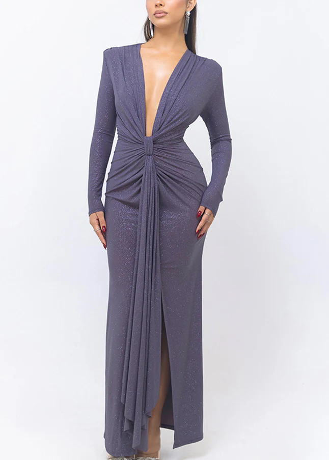 Purple Wrinkled Side Open Spring Long Dresses V Neck
